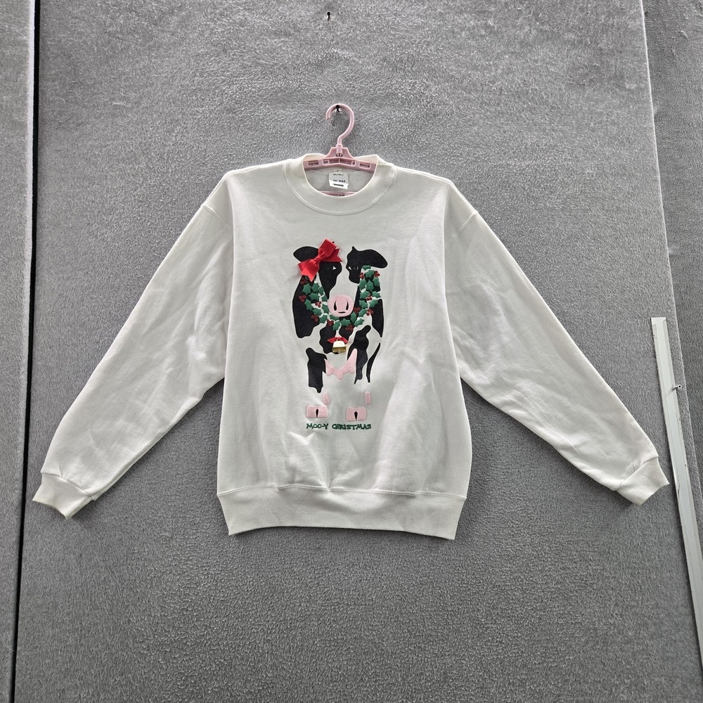 XYZ Women Sweatshirt L White Graphic Fleece Cow Christmas Bow‎ Long Sleeve